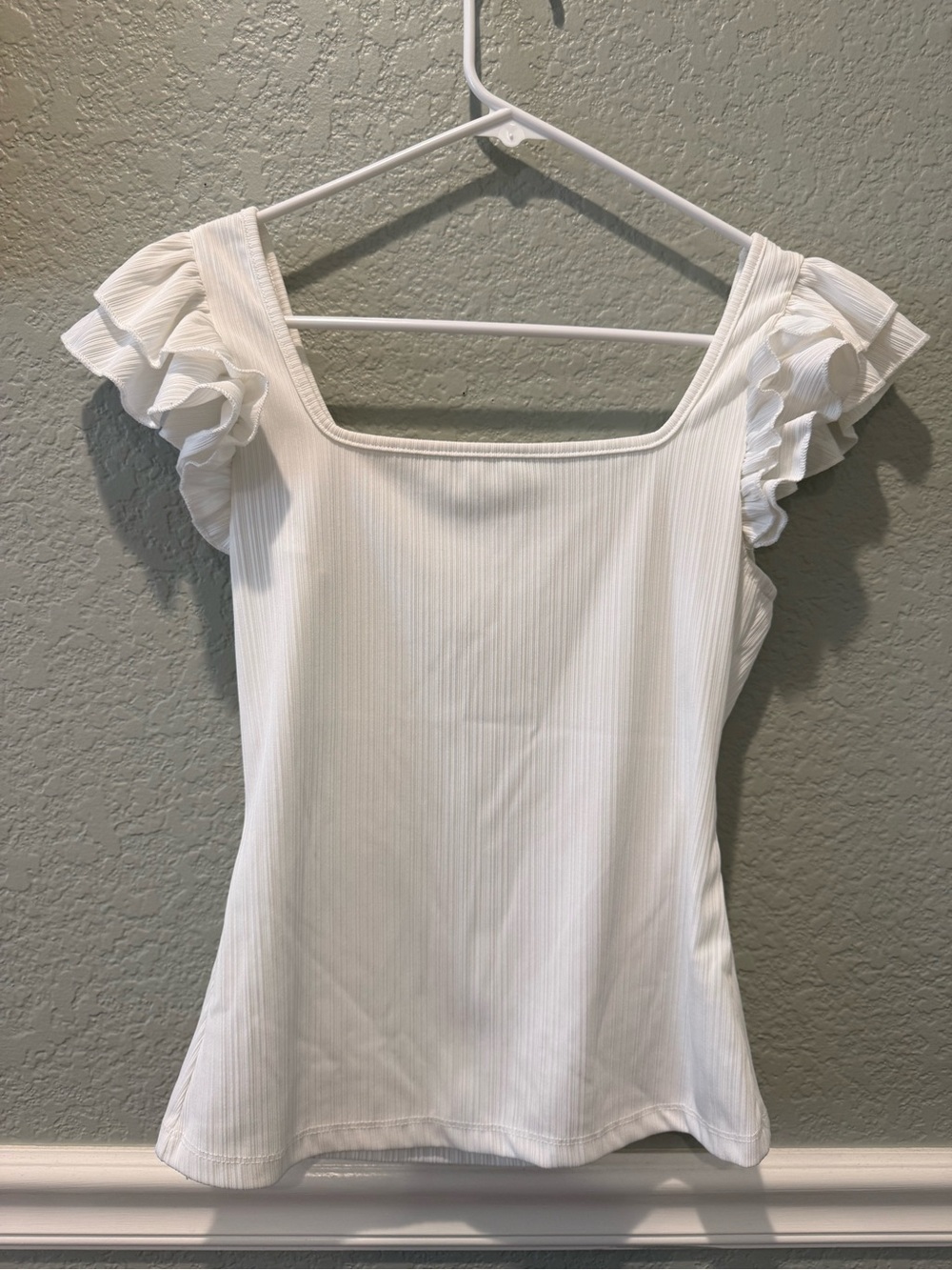 White Ribbed Square Neck Ruffle Sleeve Top